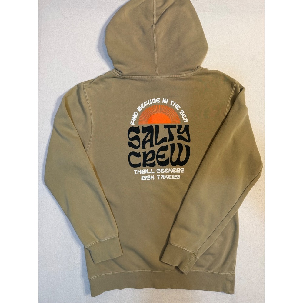 Salty Crew Mens Small Tan Khaki Find Refuge In The Sea Graphic Hoodie Sweatshirt
